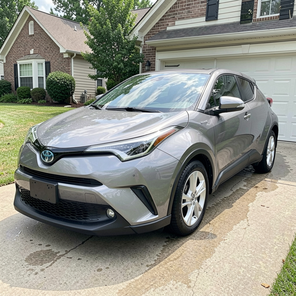 Gray Honda C-HR crossover freshly washed in driveway