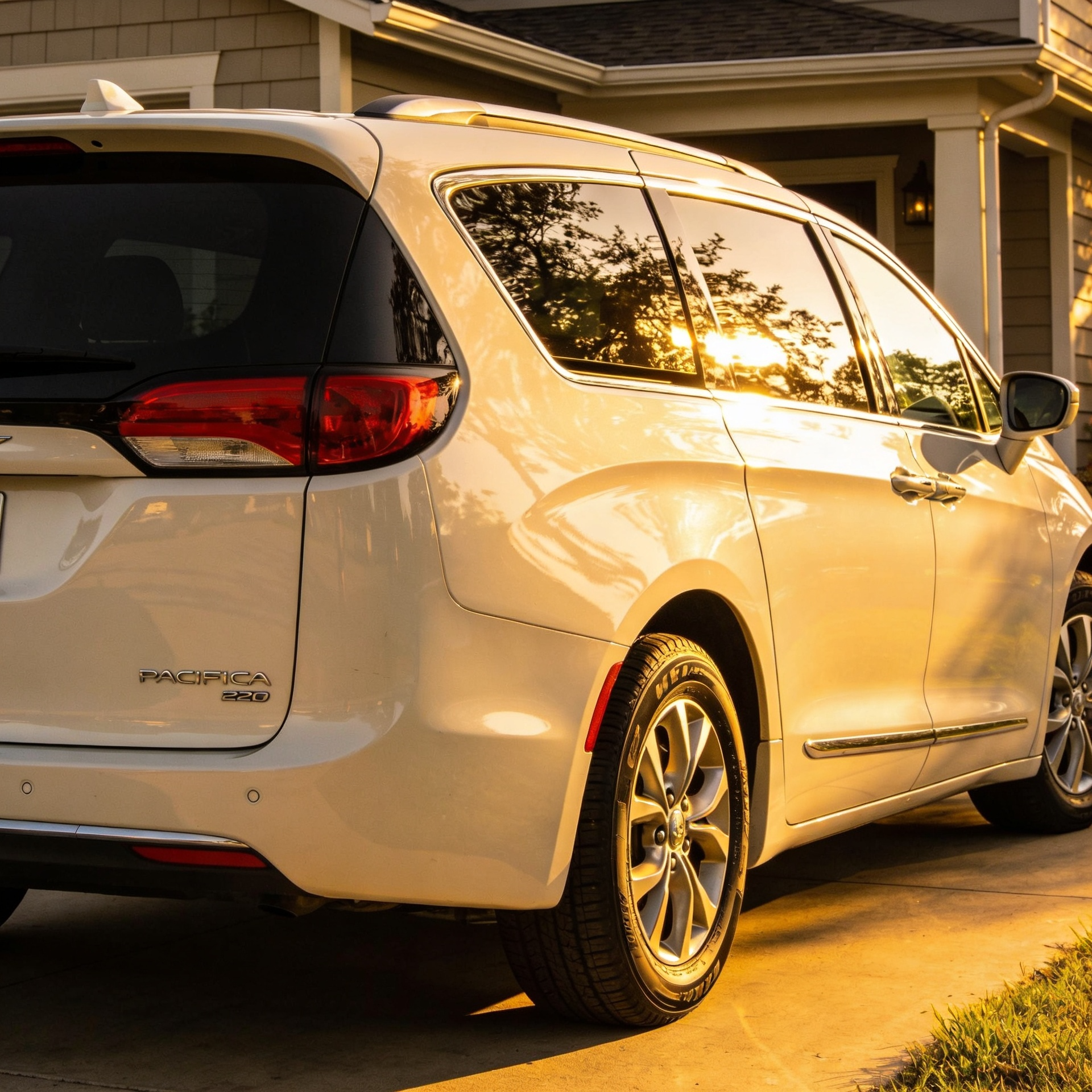 White Chrysler Pacifica minivan gleaming at golden hour