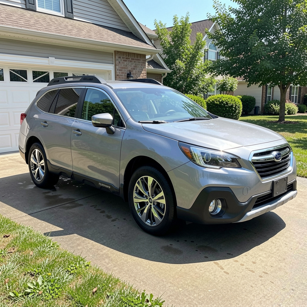 Silver Subaru Outback freshly washed in driveway